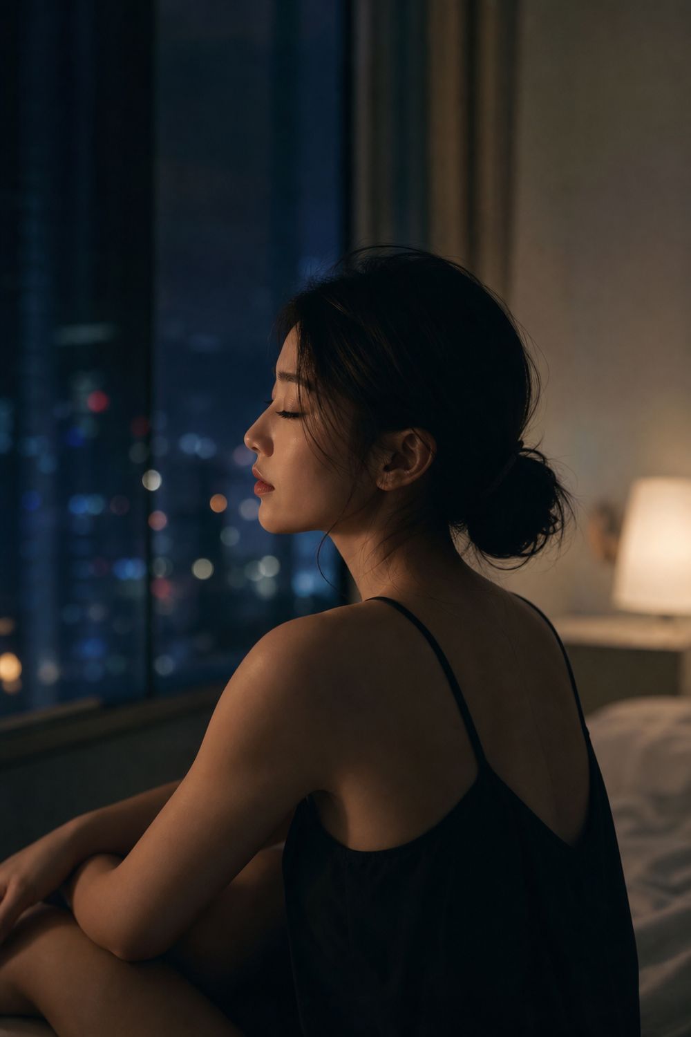 深夜坐在窗边的女性侧脸，安静出神的时刻（AI 生成图像）